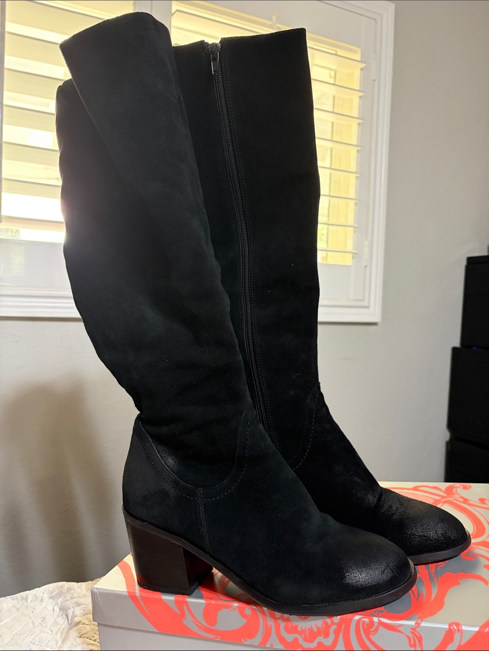 Kelsi Dagger Black Suede Knee-High Block Heel Boots